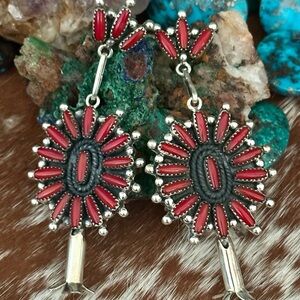Mediterranean Coral Petit Point Statement sterling silver earrings